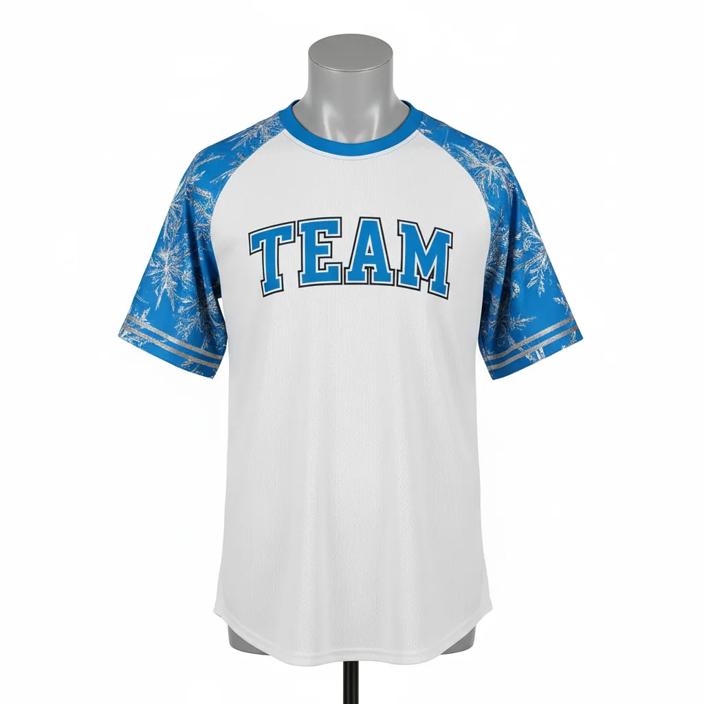 Custom Baseball Round Neck Baseball Jersey - White, Blue, Silver - Roundneck Arctic Ice Crystal Block - Front View - HAMCO Sports Inc.