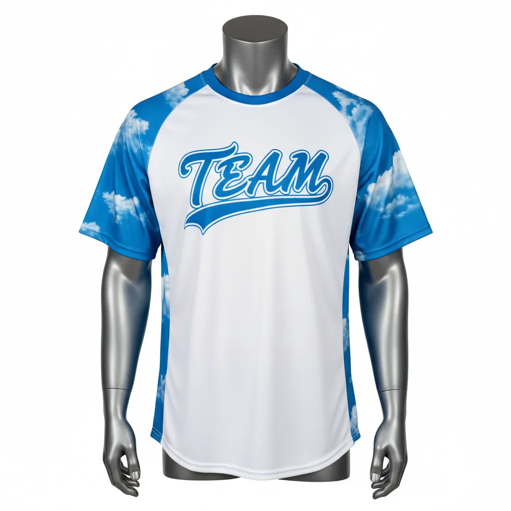 Custom Baseball Round Neck Baseball Jersey - White, White - Roundneck Cerulean Sky Clouds Script - Front View - HAMCO Sports Inc.