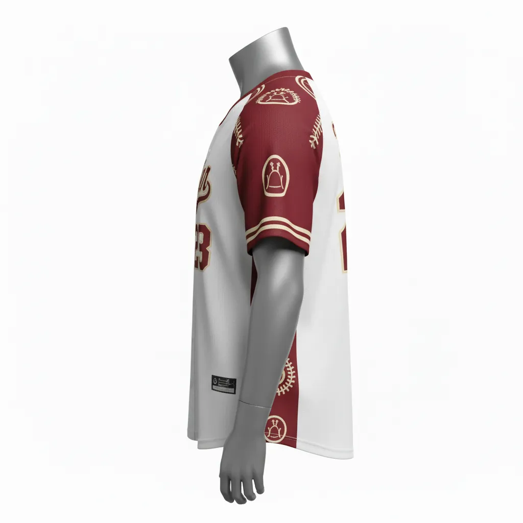 Custom Baseball Round Neck Baseball Jersey - White, Cream - Roundneck Claret Classic Vintage Script - Side View - HAMCO Sports Inc.