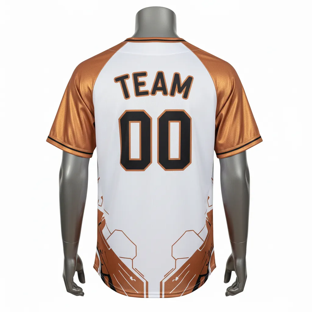 Custom Baseball Round Neck Baseball Jersey - White, Black - Roundneck Copper Industrial Pattern Script - Back View - HAMCO Sports Inc.