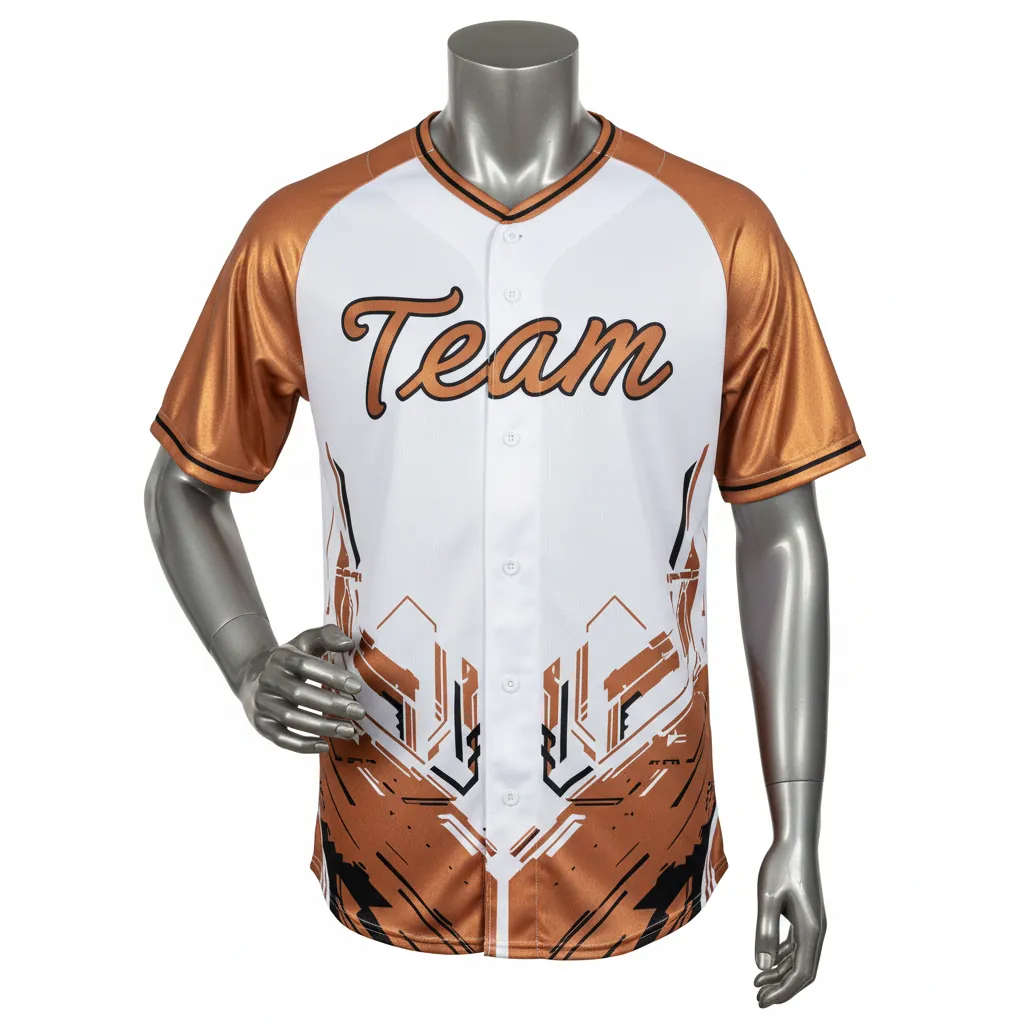 Custom Baseball Round Neck Baseball Jersey - White, Black - Roundneck Copper Industrial Pattern Script - Front View - HAMCO Sports Inc.