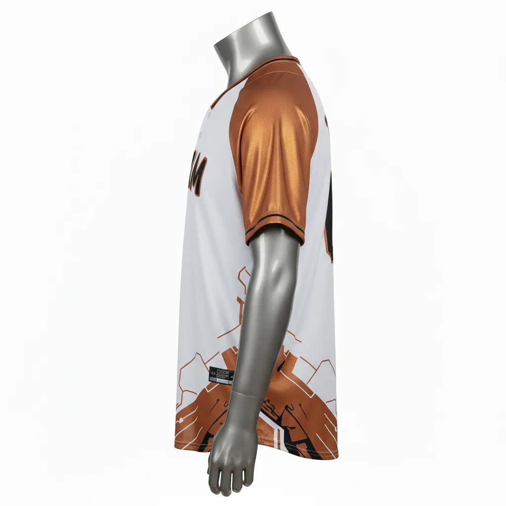 Custom Baseball Round Neck Baseball Jersey - White, Black - Roundneck Copper Industrial Pattern Script - Side View - HAMCO Sports Inc.