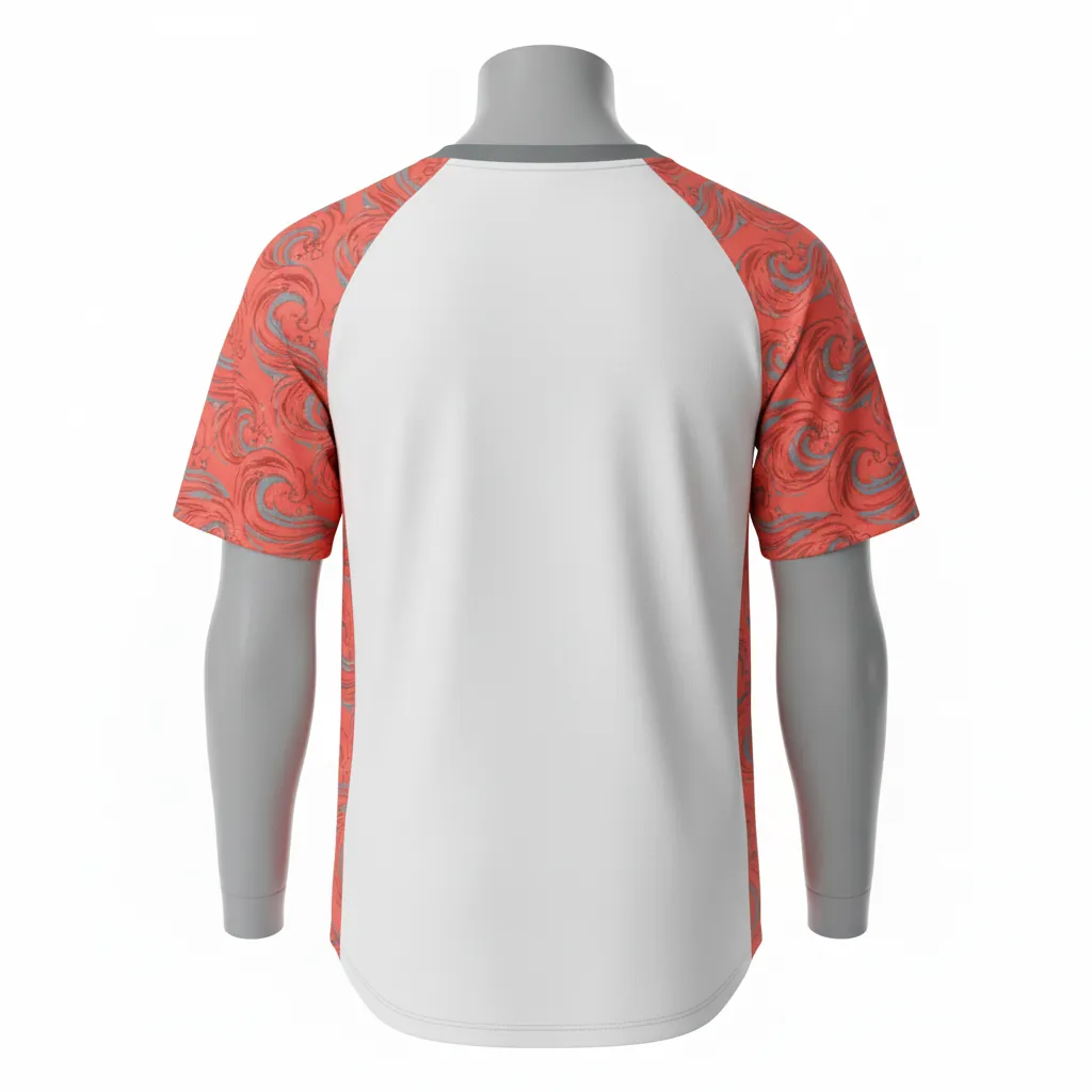 Custom Baseball Round Neck Baseball Jersey - White, Grey - Roundneck Coral Tropical Waves Script - Back View - HAMCO Sports Inc.