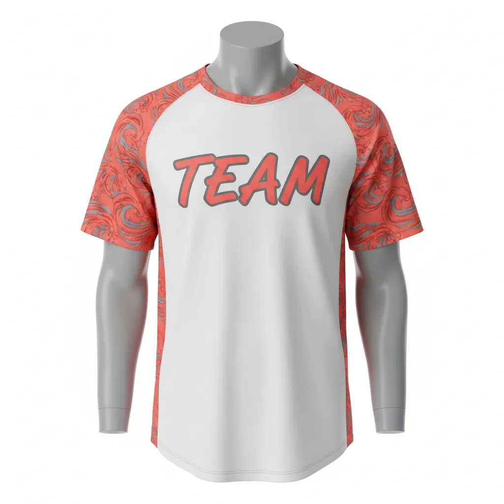 Custom Baseball Round Neck Baseball Jersey - White, Grey - Roundneck Coral Tropical Waves Script - Front View - HAMCO Sports Inc.