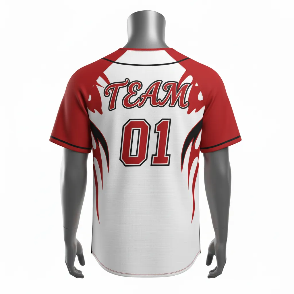 Custom Baseball Round Neck Baseball Jersey - White, Red, Black - Roundneck Fire Flame Pattern Script - Back View - HAMCO Sports Inc.