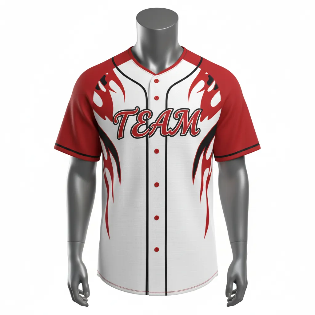 Custom Baseball Round Neck Baseball Jersey - White, Red, Black - Roundneck Fire Flame Pattern Script - Front View - HAMCO Sports Inc.
