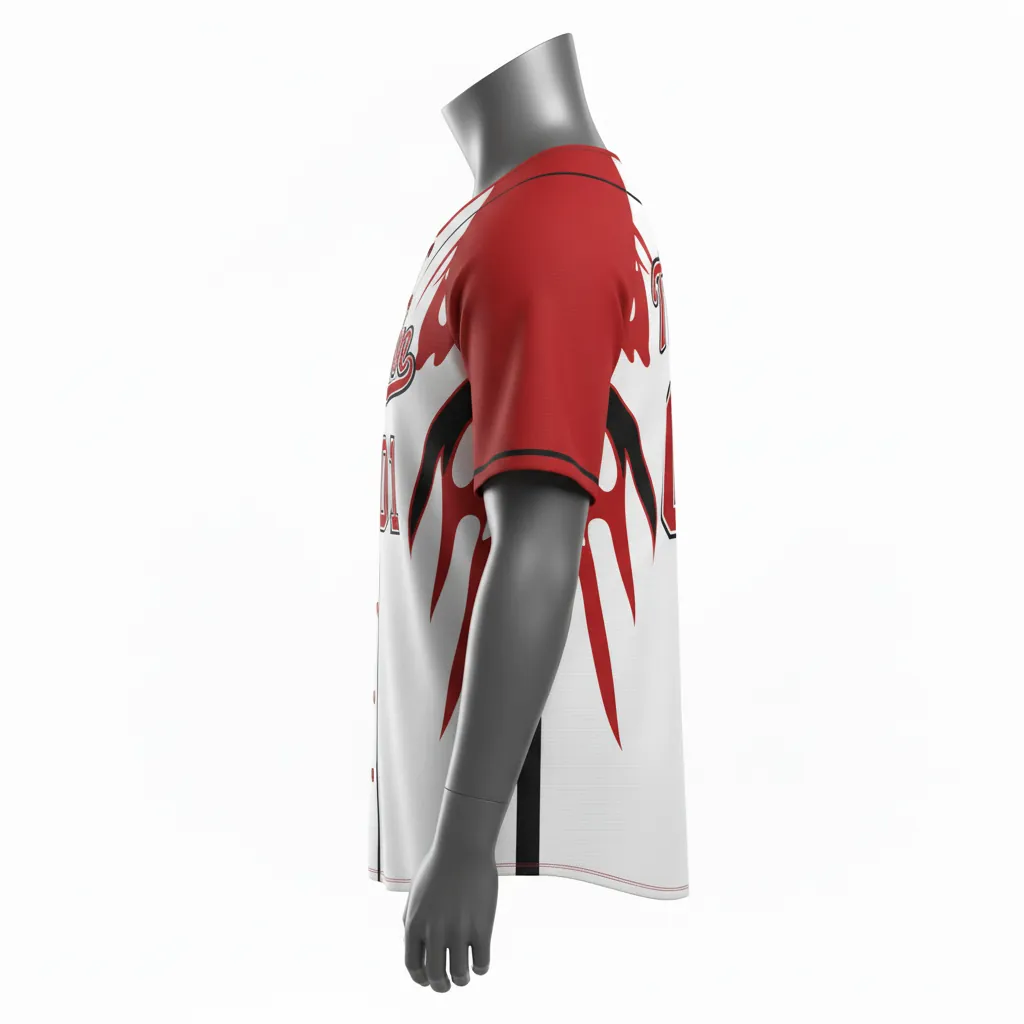 Custom Baseball Round Neck Baseball Jersey - White, Red, Black - Roundneck Fire Flame Pattern Script - Side View - HAMCO Sports Inc.