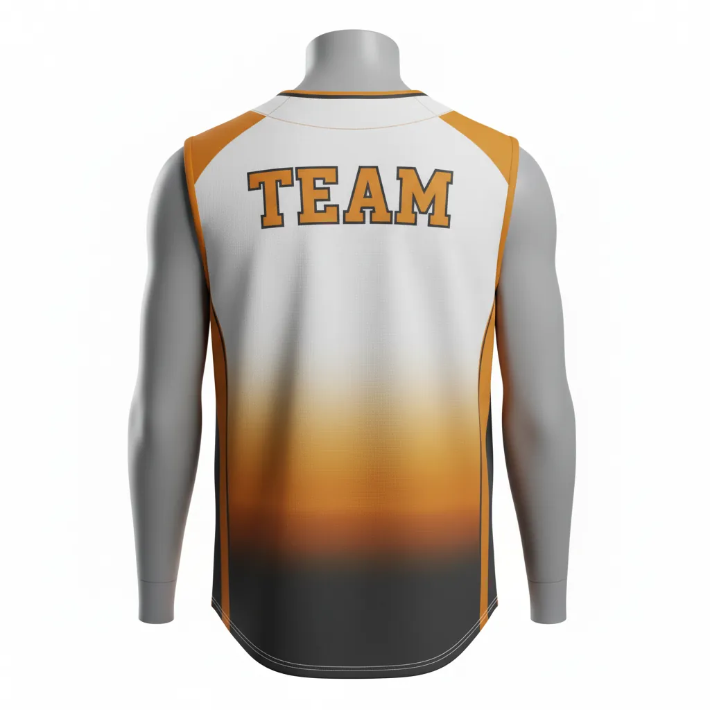 Custom Baseball Sleeveless Baseball Jersey - White - Sleeveless Full Button Amber Charcoal Sunset Gradient Block - Back View - HAMCO Sports Inc.