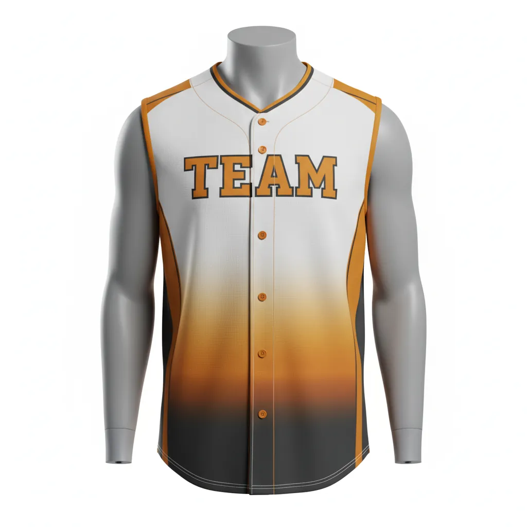 Custom Baseball Sleeveless Baseball Jersey - White - Sleeveless Full Button Amber Charcoal Sunset Gradient Block - Front View - HAMCO Sports Inc.