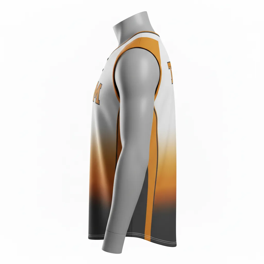 Custom Baseball Sleeveless Baseball Jersey - White - Sleeveless Full Button Amber Charcoal Sunset Gradient Block - Side View - HAMCO Sports Inc.