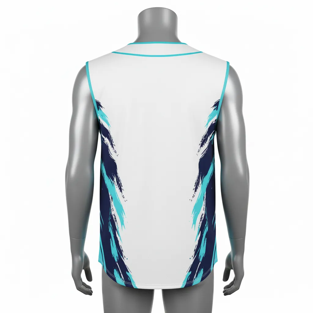 Custom Baseball Sleeveless Baseball Jersey - White, Navy - Sleeveless Full Button Aqua Wave Flow Script - Back View - HAMCO Sports Inc.