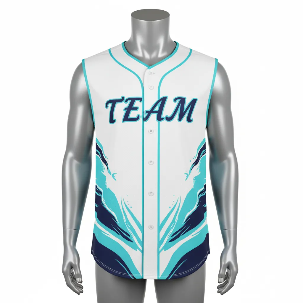 Custom Baseball Sleeveless Baseball Jersey - White, Navy - Sleeveless Full Button Aqua Wave Flow Script - Front View - HAMCO Sports Inc.