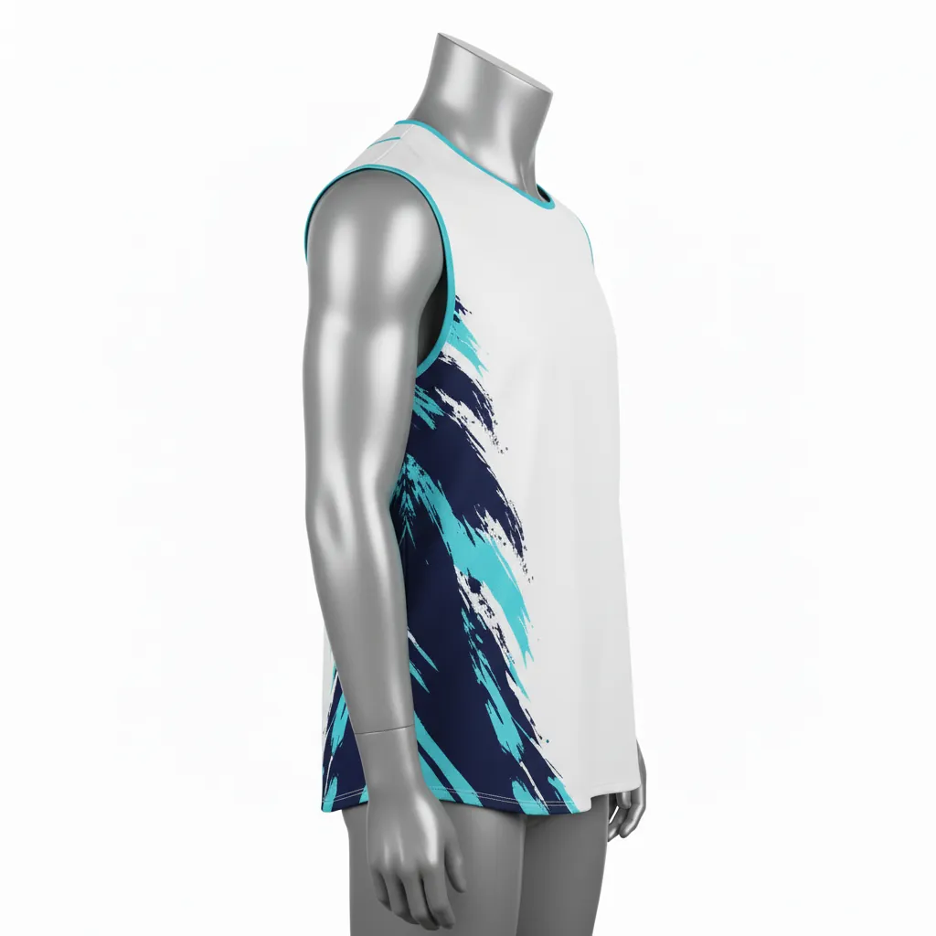 Custom Baseball Sleeveless Baseball Jersey - White, Navy - Sleeveless Full Button Aqua Wave Flow Script - Side View - HAMCO Sports Inc.