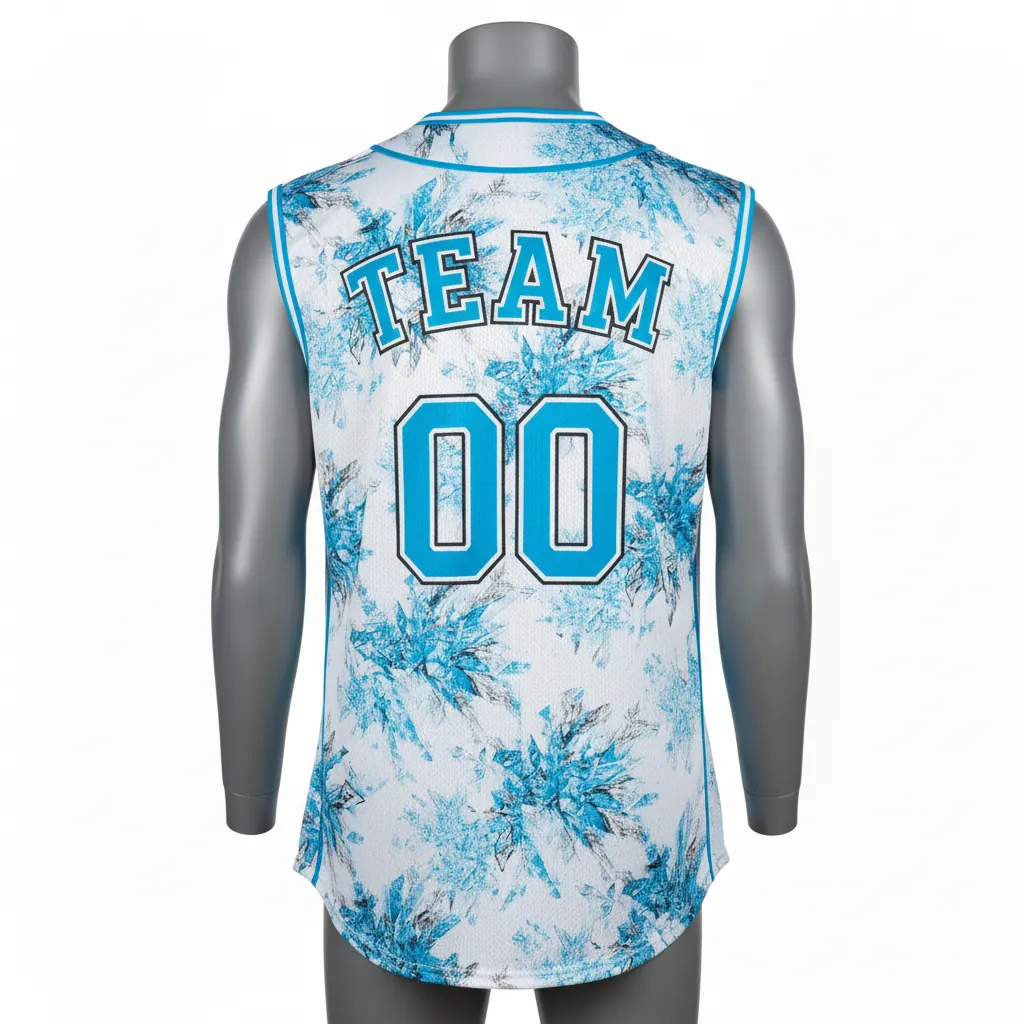 Custom Baseball Sleeveless Baseball Jersey - White, Blue, Silver - Sleeveless Full Button Arctic Ice Crystal Block - Back View - HAMCO Sports Inc.