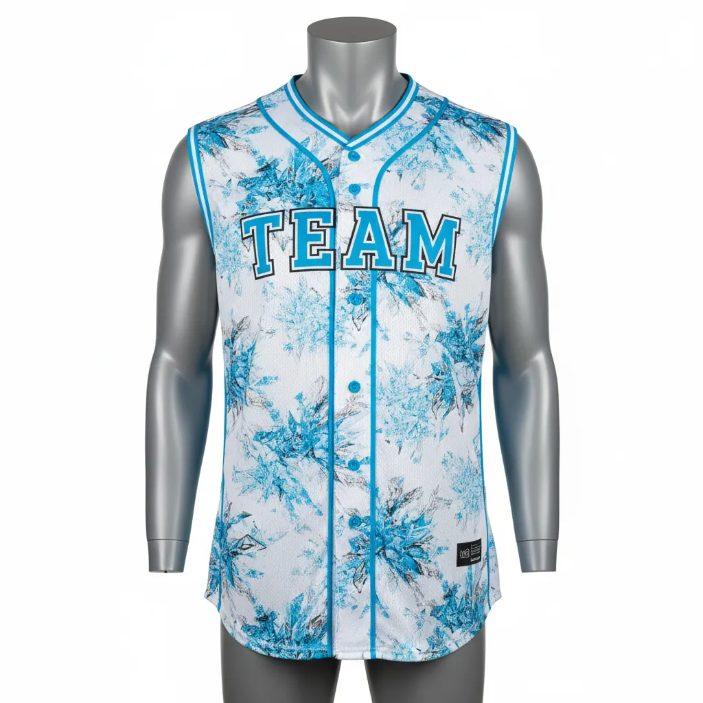 Custom Baseball Sleeveless Baseball Jersey - White, Blue, Silver - Sleeveless Full Button Arctic Ice Crystal Block - Front View - HAMCO Sports Inc.