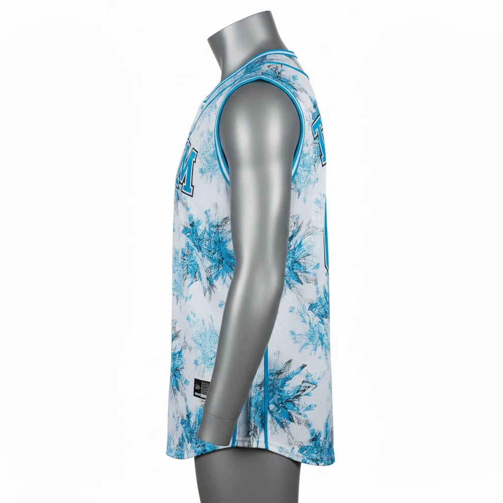 Custom Baseball Sleeveless Baseball Jersey - White, Blue, Silver - Sleeveless Full Button Arctic Ice Crystal Block - Side View - HAMCO Sports Inc.