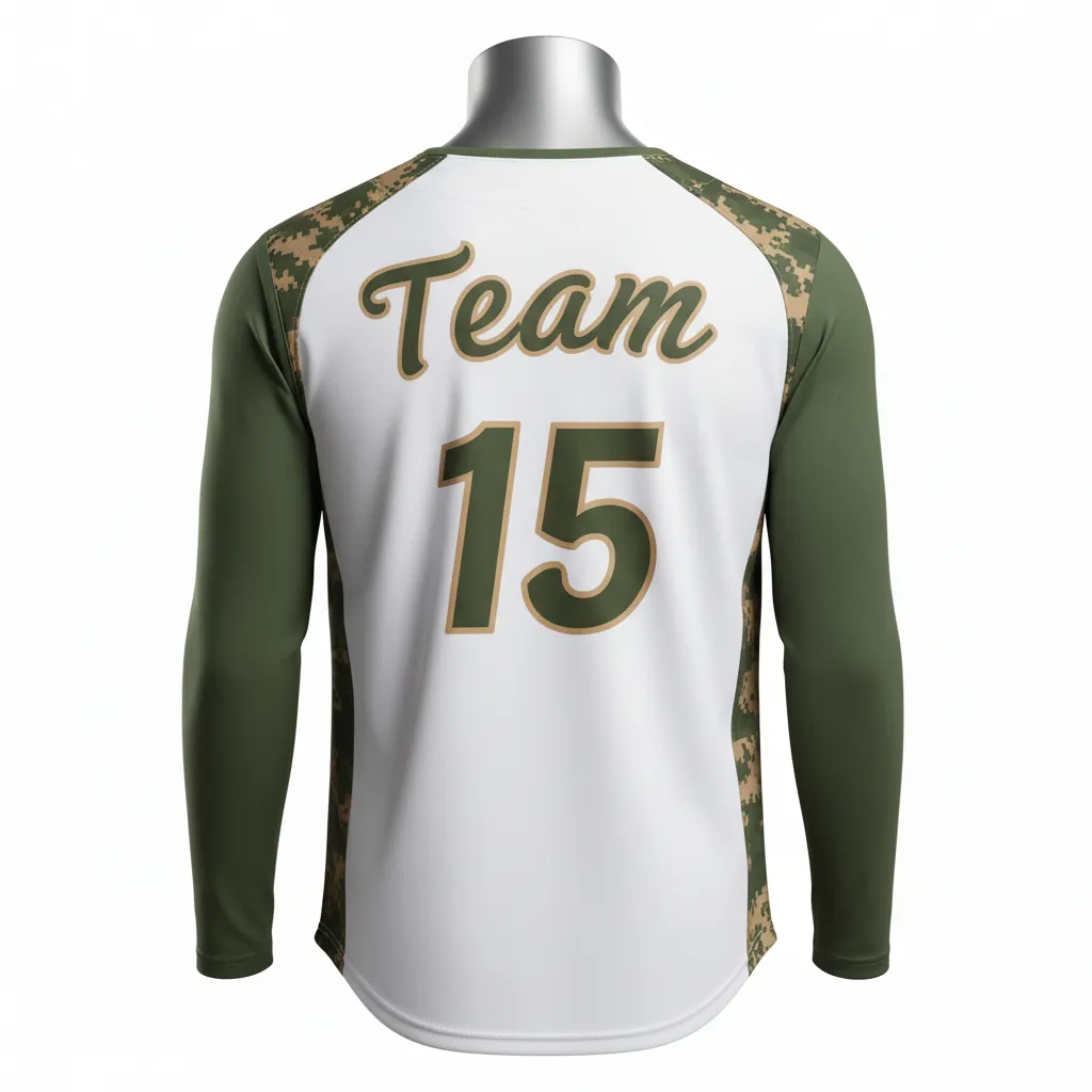 Custom Baseball Sleeveless Baseball Jersey - White, Green - Sleeveless Full Button Army Tan Camo Pattern Script - Back View - HAMCO Sports Inc.
