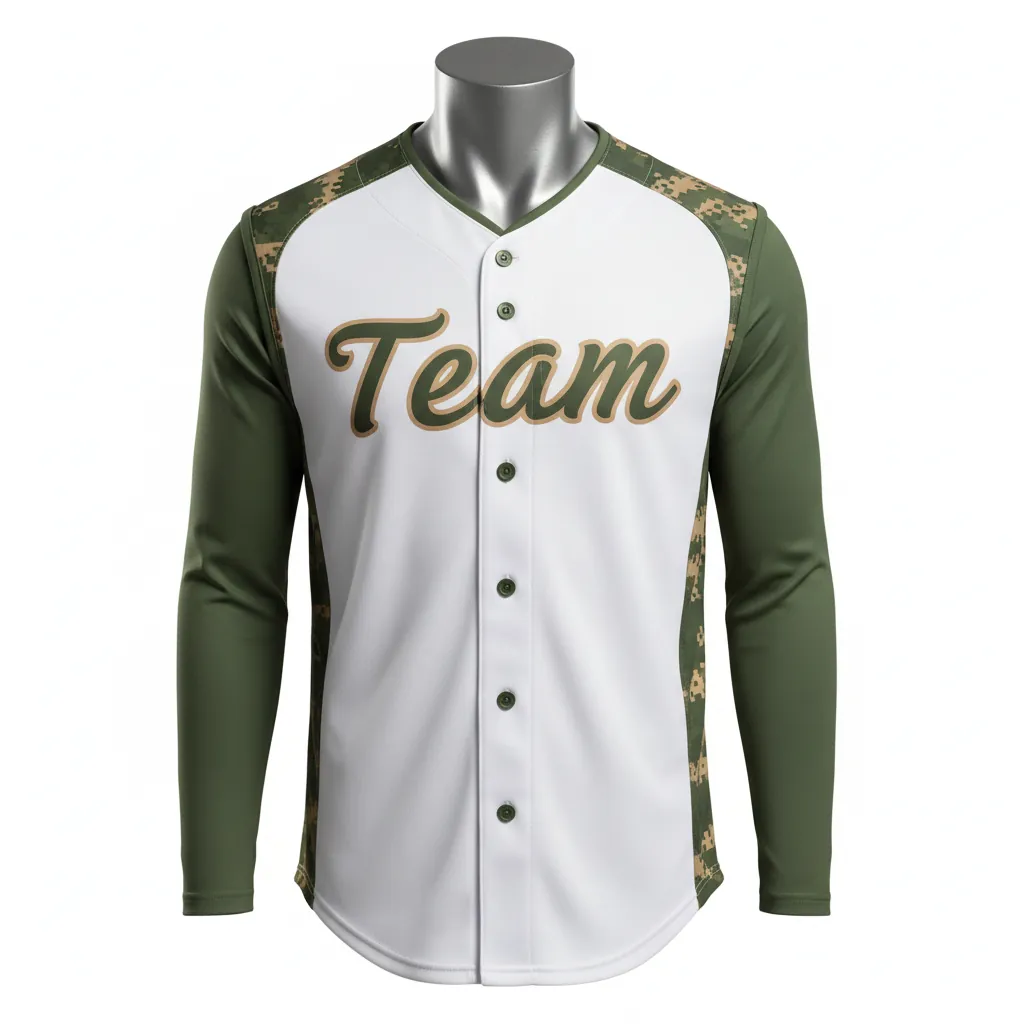 Custom Baseball Sleeveless Baseball Jersey - White, Green - Sleeveless Full Button Army Tan Camo Pattern Script - Front View - HAMCO Sports Inc.