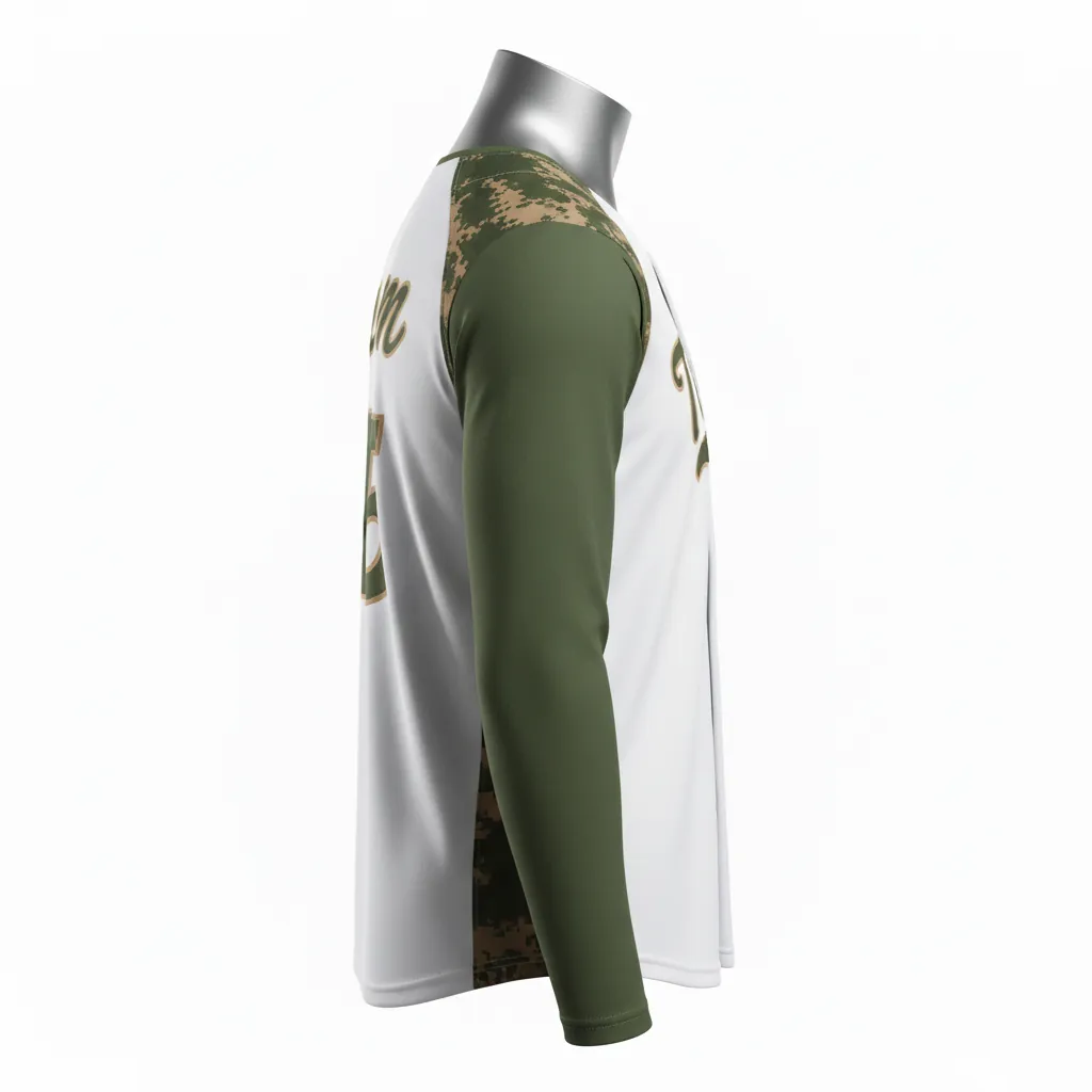 Custom Baseball Sleeveless Baseball Jersey - White, Green - Sleeveless Full Button Army Tan Camo Pattern Script - Side View - HAMCO Sports Inc.