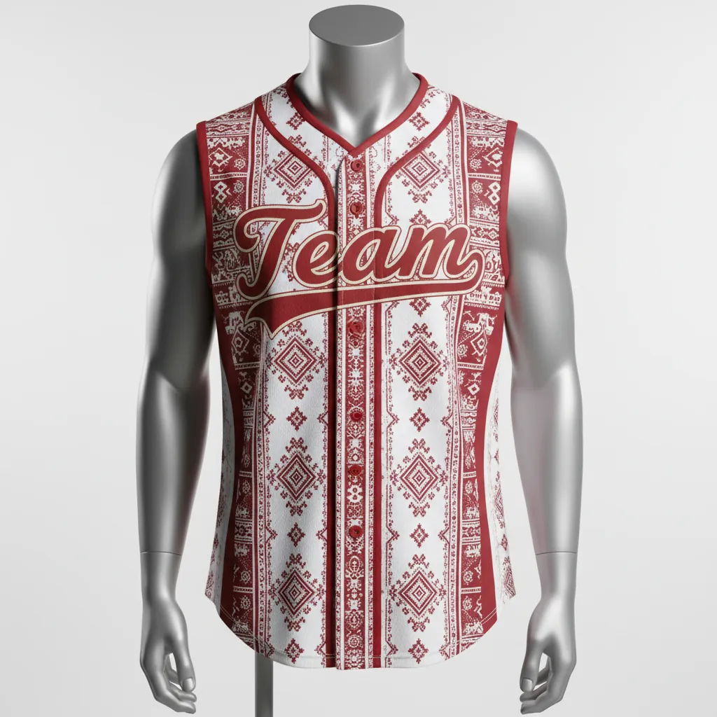 Custom Baseball Sleeveless Baseball Jersey - White, Red, Cream - Sleeveless Full Button Brick Heritage Design Script - Front View - HAMCO Sports Inc.