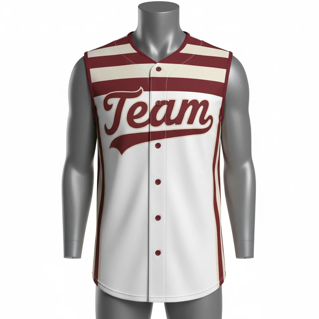Custom Baseball Sleeveless Baseball Jersey - White, Burgundy, Cream - Sleeveless Full Button Vintage Stripes Script - Front View - HAMCO Sports Inc.