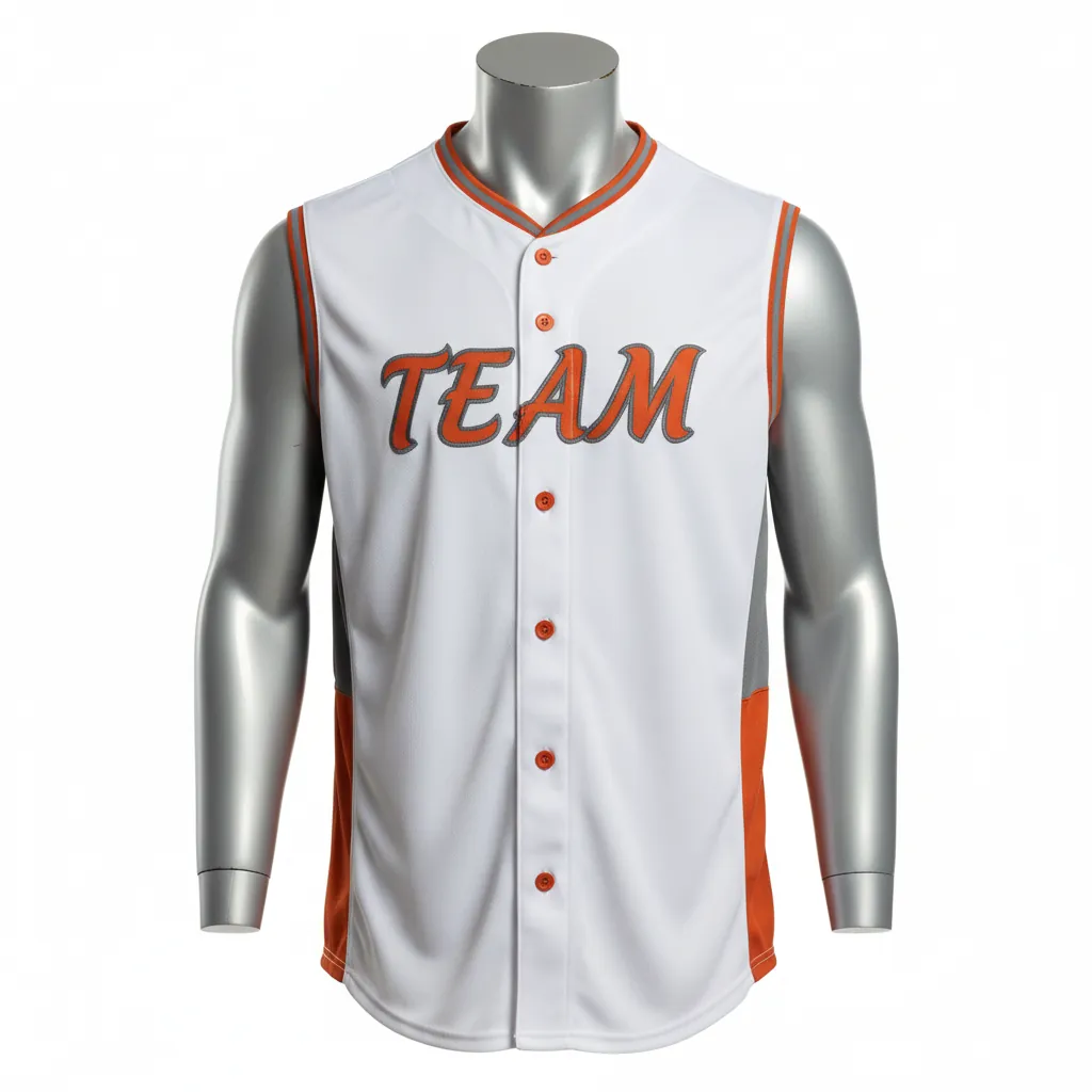 Custom Baseball Sleeveless Baseball Jersey - White, Burnt, Orange... - Sleeveless Full Button Side Panel Block Script - Front View - HAMCO Sports Inc.