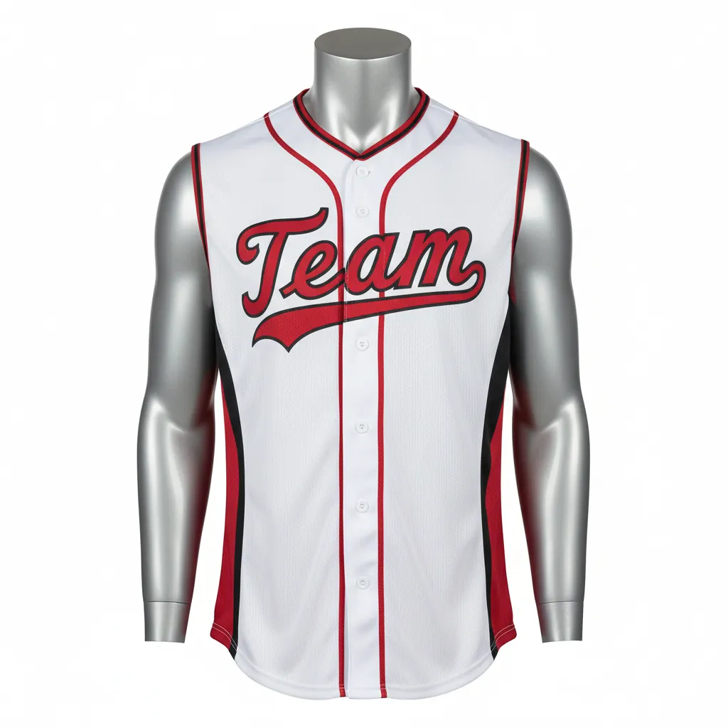 Custom Baseball Sleeveless Baseball Jersey - White, Red, Black - Sleeveless Full Button Cardinal Colorblock Script - Front View - HAMCO Sports Inc.