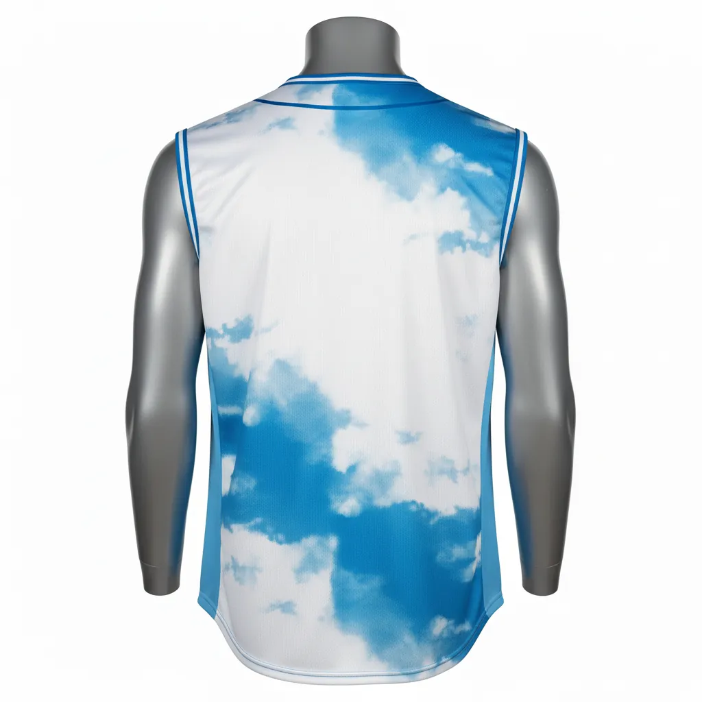 Custom Baseball Sleeveless Baseball Jersey - White, White - Sleeveless Full Button Cerulean Sky Clouds Script - Back View - HAMCO Sports Inc.