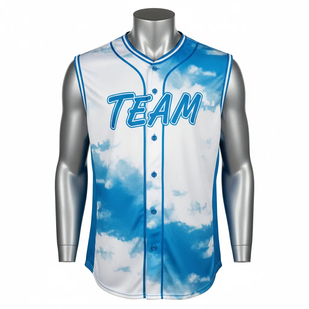 Custom Baseball Sleeveless Baseball Jersey - White, White - Sleeveless Full Button Cerulean Sky Clouds Script - Front View - HAMCO Sports Inc.