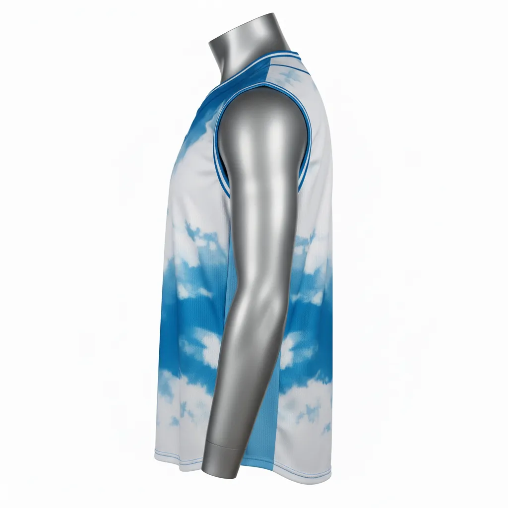 Custom Baseball Sleeveless Baseball Jersey - White, White - Sleeveless Full Button Cerulean Sky Clouds Script - Side View - HAMCO Sports Inc.