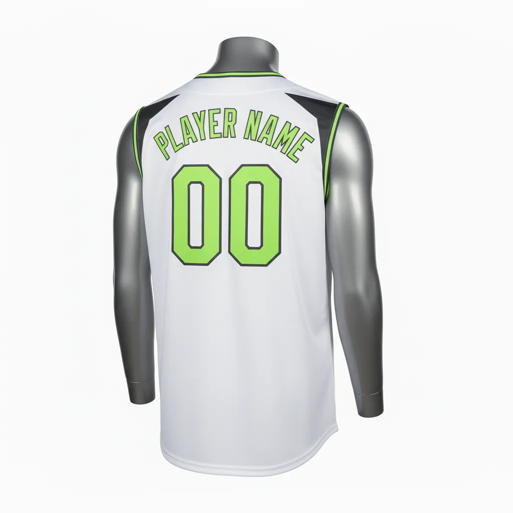 Custom Baseball Sleeveless Baseball Jersey - White, Green - Sleeveless Full Button Charcoal Neon Urban Blocks Script - Back View - HAMCO Sports Inc.