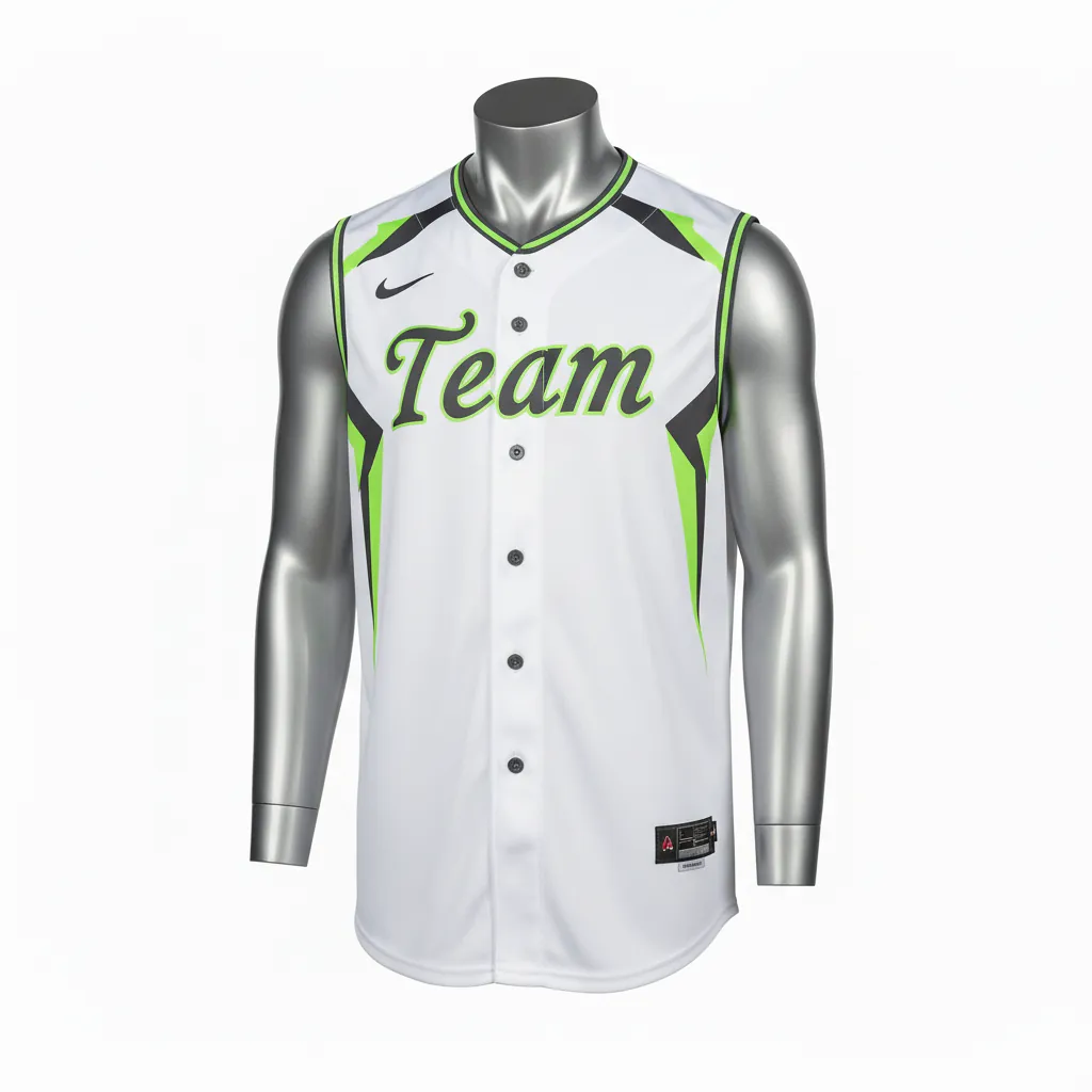 Custom Baseball Sleeveless Baseball Jersey - White, Green - Sleeveless Full Button Charcoal Neon Urban Blocks Script - Front View - HAMCO Sports Inc.