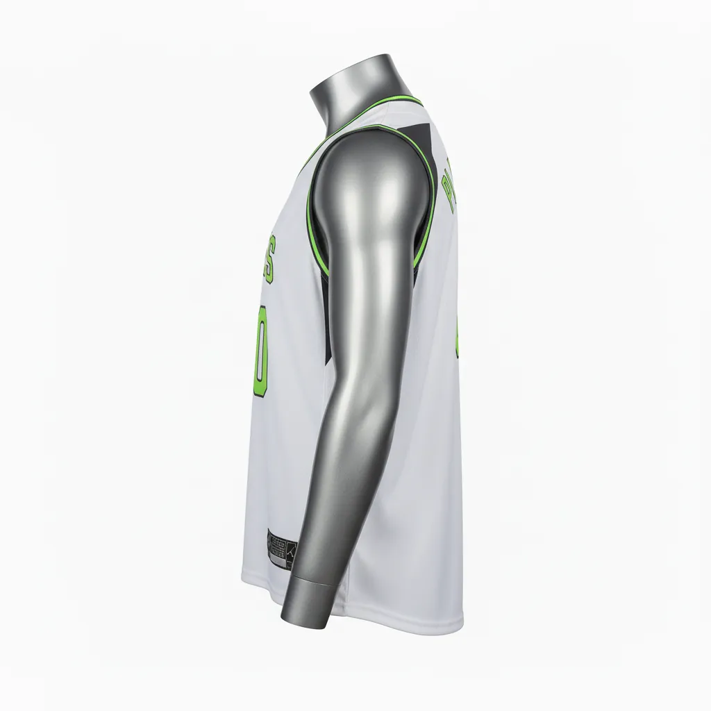 Custom Baseball Sleeveless Baseball Jersey - White, Green - Sleeveless Full Button Charcoal Neon Urban Blocks Script - Side View - HAMCO Sports Inc.