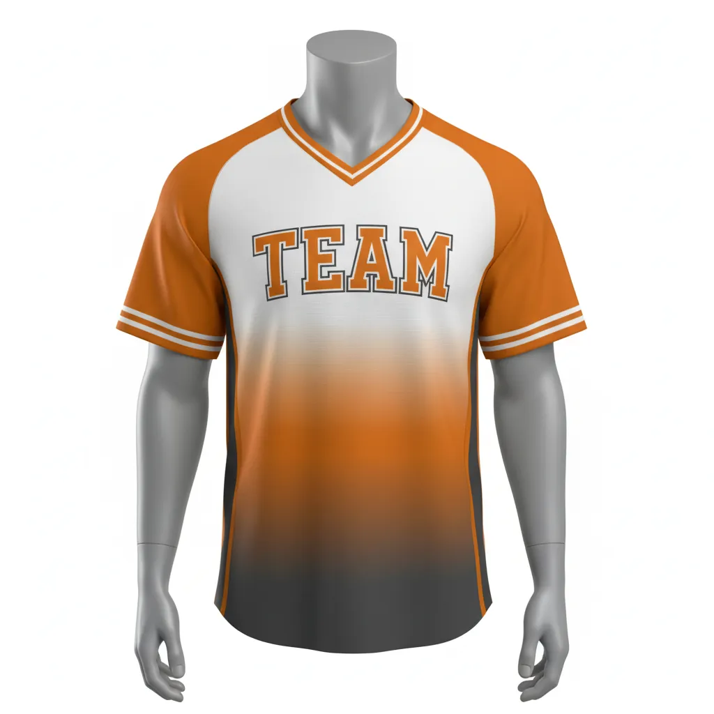 Custom Baseball V Neck Baseball Jersey - White - V Neck Amber Charcoal Sunset Gradient Block - Front View - HAMCO Sports Inc.