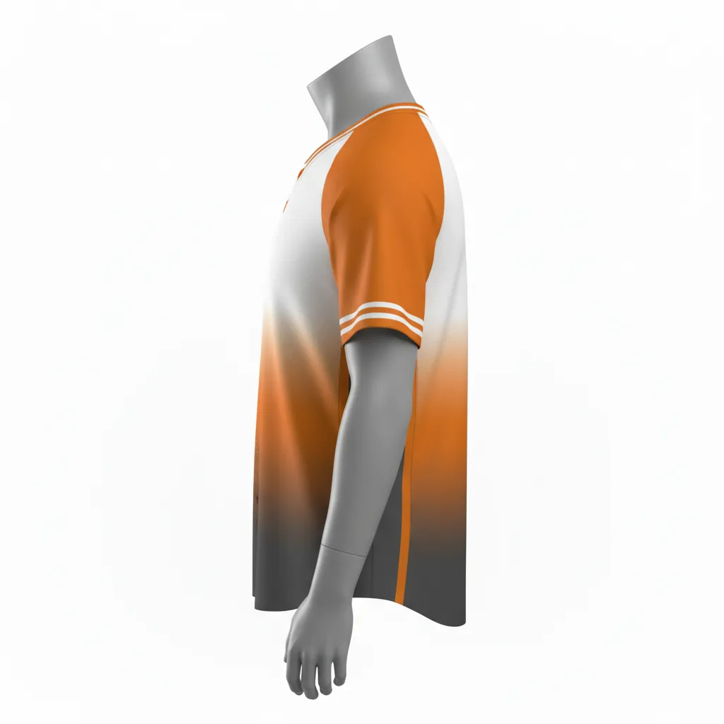 Custom Baseball V Neck Baseball Jersey - White - V Neck Amber Charcoal Sunset Gradient Block - Side View - HAMCO Sports Inc.