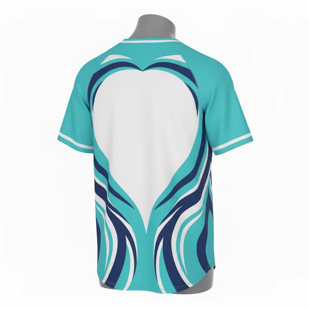 Custom Baseball V Neck Baseball Jersey - White, Navy - V Neck Aqua Wave Flow Script - Back View - HAMCO Sports Inc.