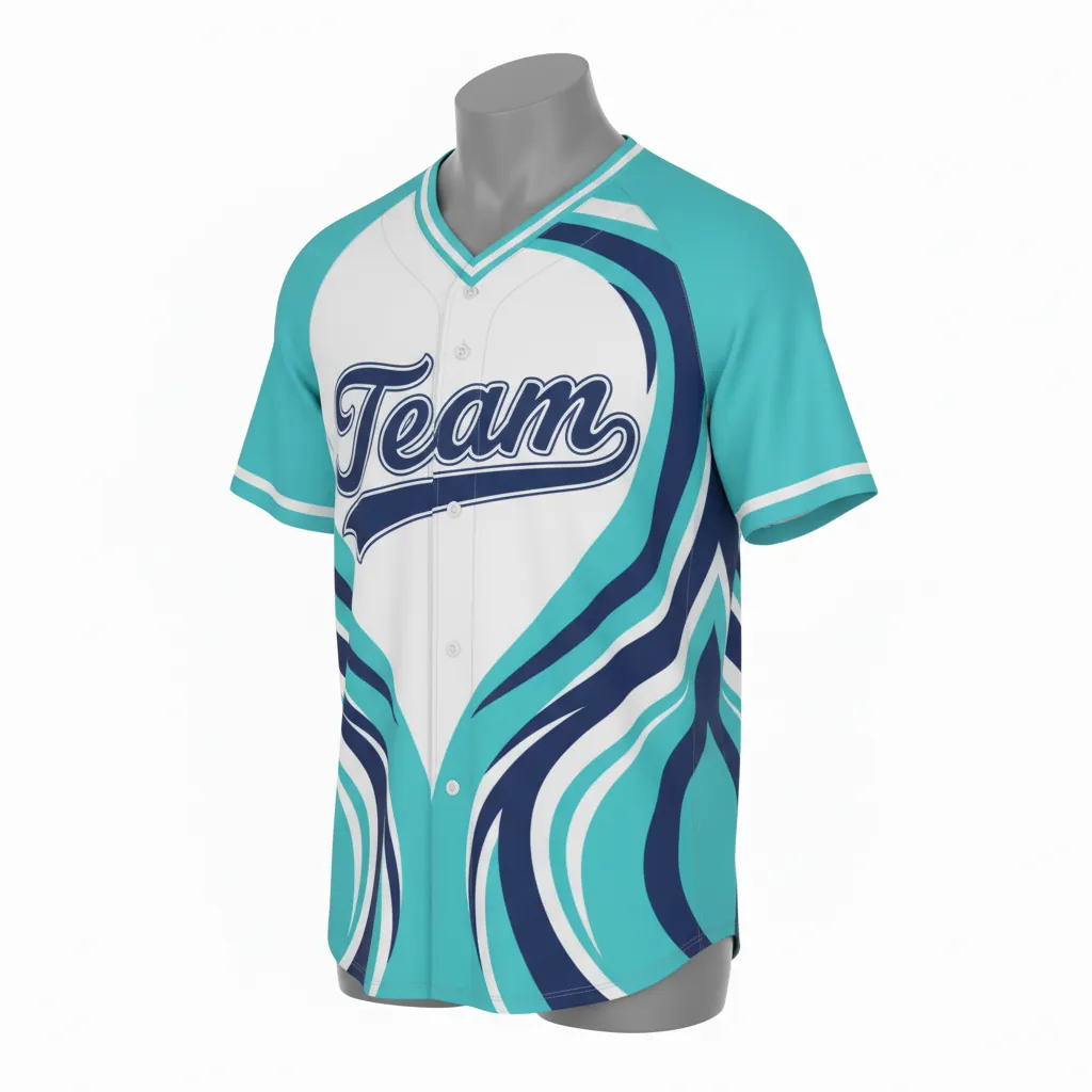 Custom Baseball V Neck Baseball Jersey - White, Navy - V Neck Aqua Wave Flow Script - Front View - HAMCO Sports Inc.