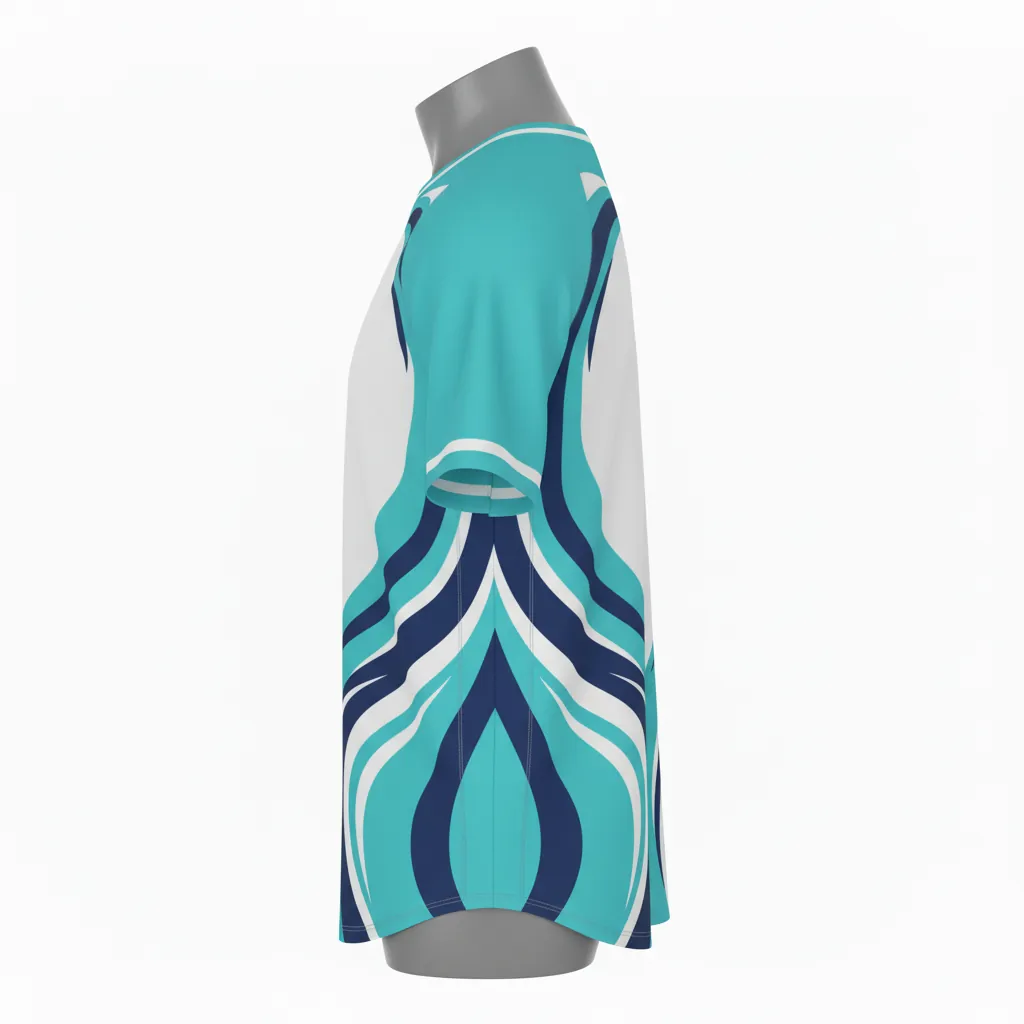 Custom Baseball V Neck Baseball Jersey - White, Navy - V Neck Aqua Wave Flow Script - Side View - HAMCO Sports Inc.