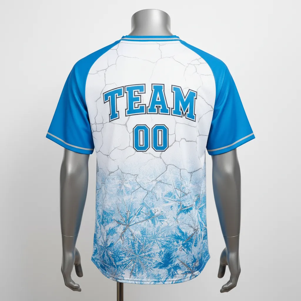 Custom Baseball V Neck Baseball Jersey - White, Blue, Silver - V Neck Arctic Ice Crystal Block - Back View - HAMCO Sports Inc.