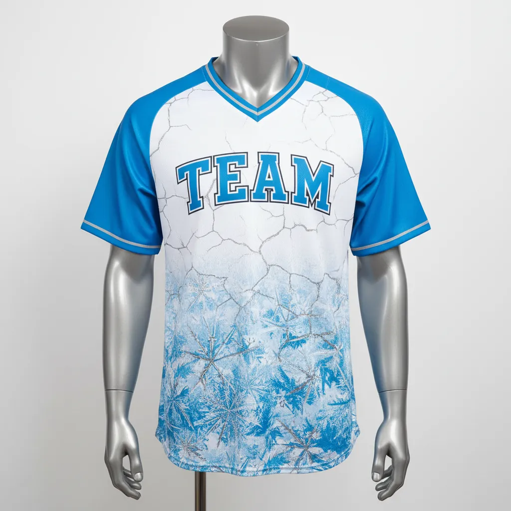 Custom Baseball V Neck Baseball Jersey - White, Blue, Silver - V Neck Arctic Ice Crystal Block - Front View - HAMCO Sports Inc.