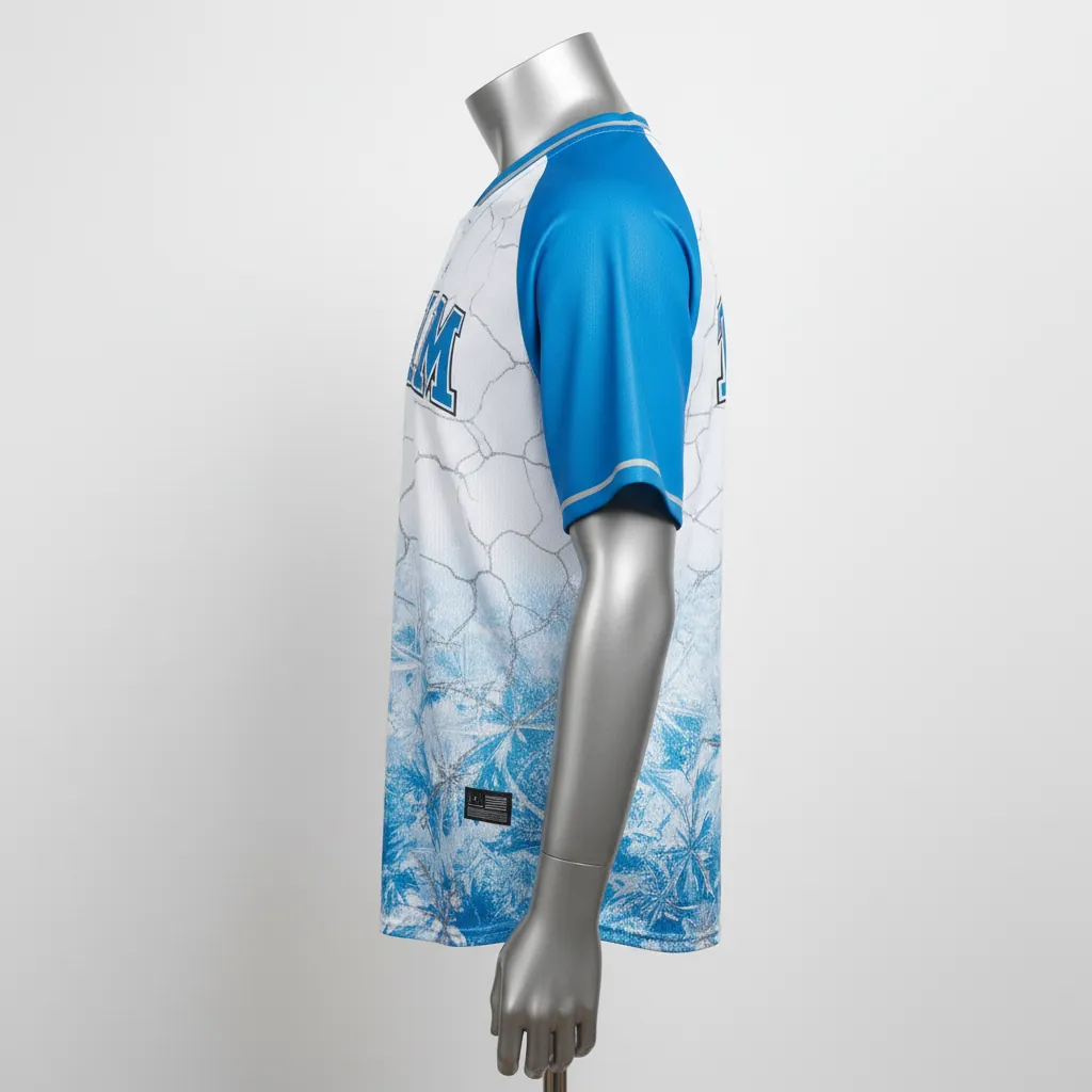 Custom Baseball V Neck Baseball Jersey - White, Blue, Silver - V Neck Arctic Ice Crystal Block - Side View - HAMCO Sports Inc.