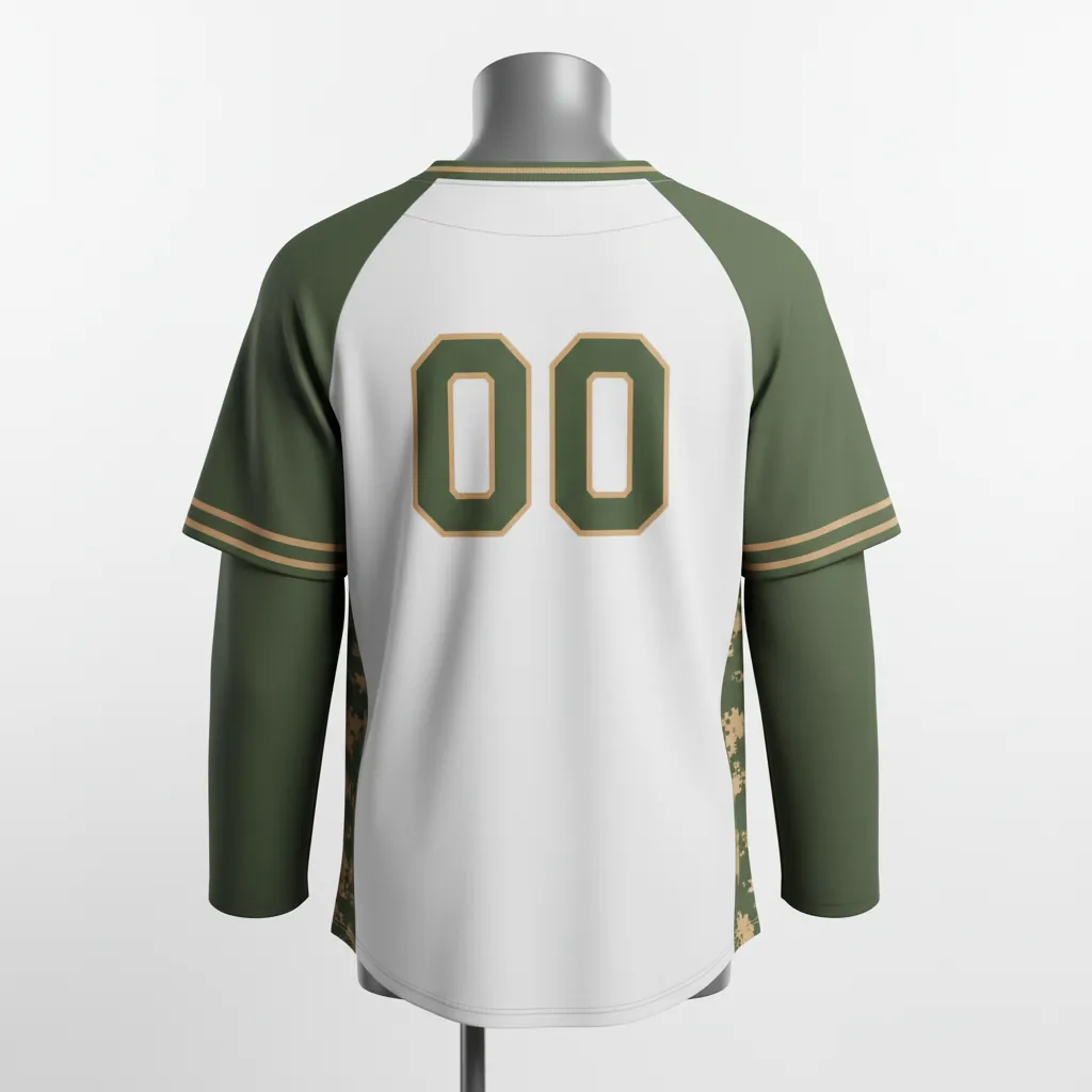Custom Baseball V Neck Baseball Jersey - White, Green - V Neck Army Tan Camo Pattern Script - Back View - HAMCO Sports Inc.
