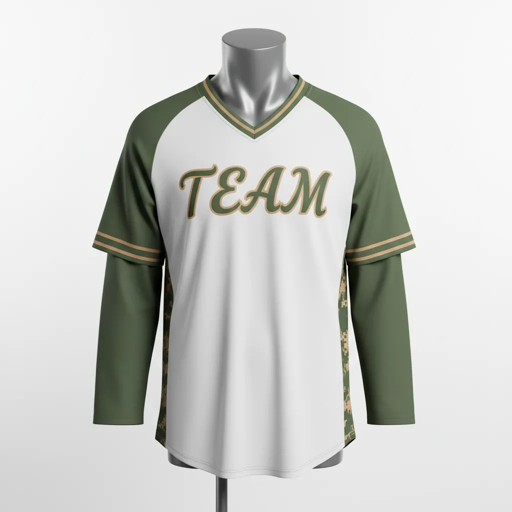 Custom Baseball V Neck Baseball Jersey - White, Green - V Neck Army Tan Camo Pattern Script - Front View - HAMCO Sports Inc.