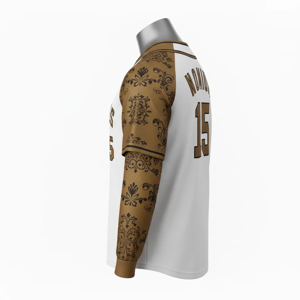 Custom Baseball V Neck Baseball Jersey - White, Black - V Neck Bronze Premium Accents Script - Side View - HAMCO Sports Inc.