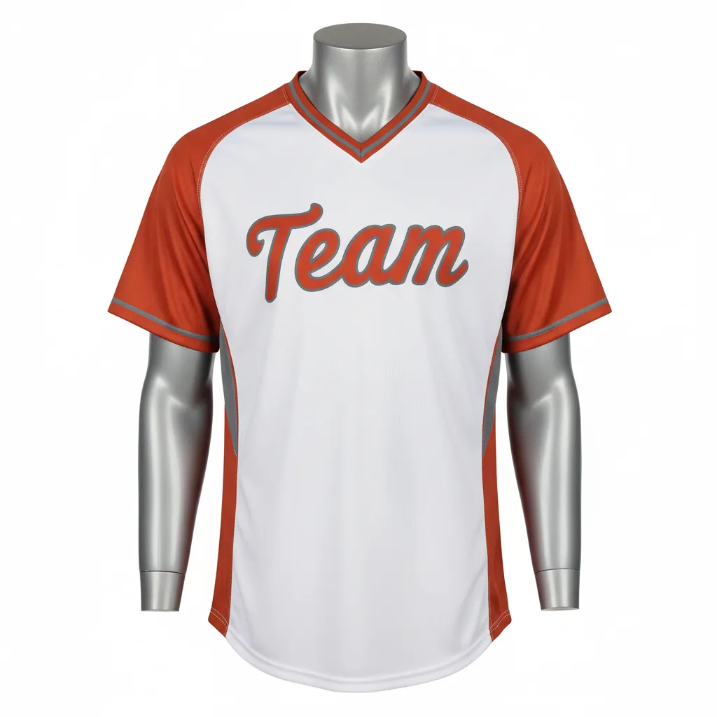 Custom Baseball V Neck Baseball Jersey - White, Burnt, Orange... - V Neck Side Panel Block Script - Front View - HAMCO Sports Inc.