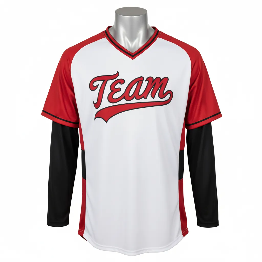 Custom Baseball V Neck Baseball Jersey - White, Red, Black - V Neck Cardinal Colorblock Script - Front View - HAMCO Sports Inc.