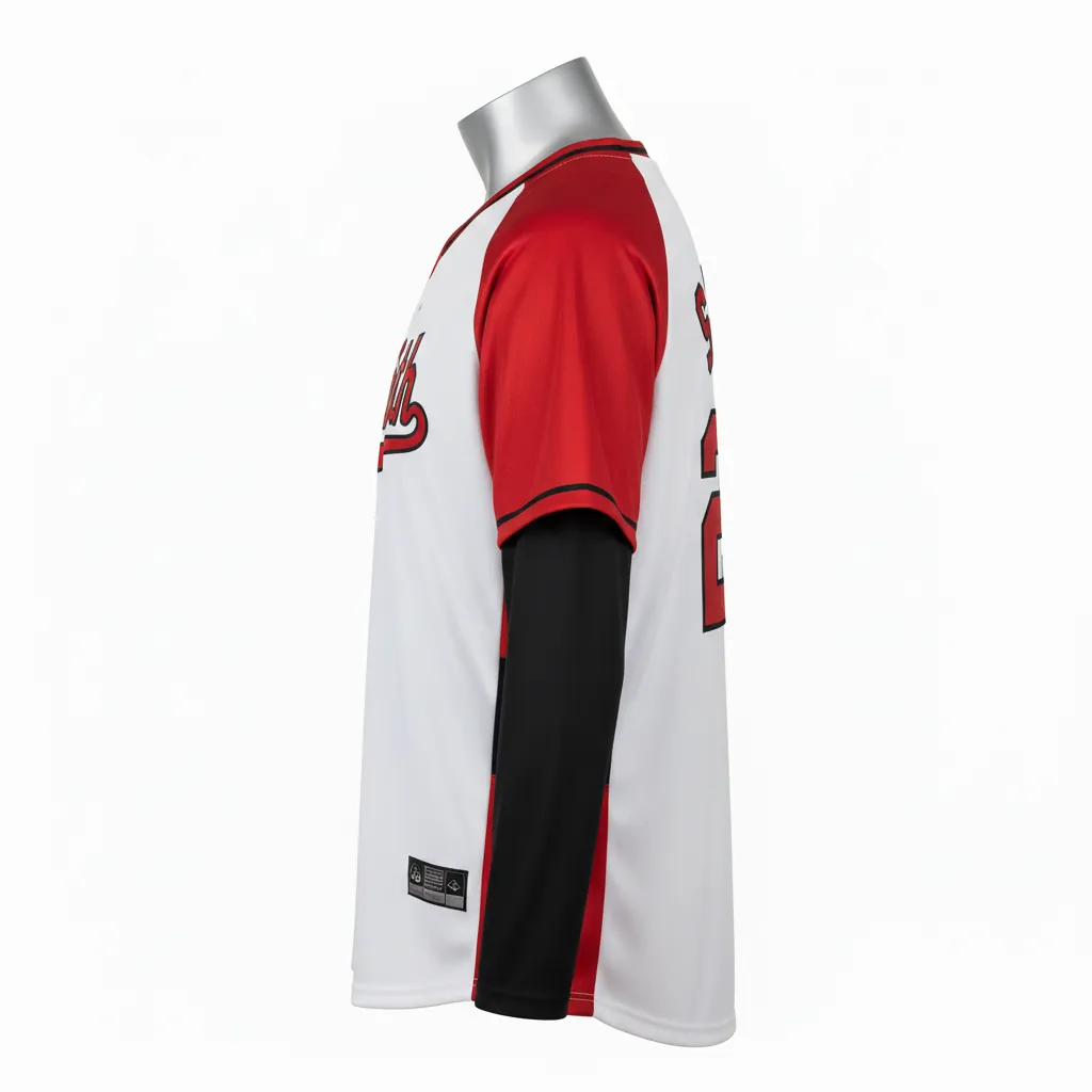 Custom Baseball V Neck Baseball Jersey - White, Red, Black - V Neck Cardinal Colorblock Script - Side View - HAMCO Sports Inc.