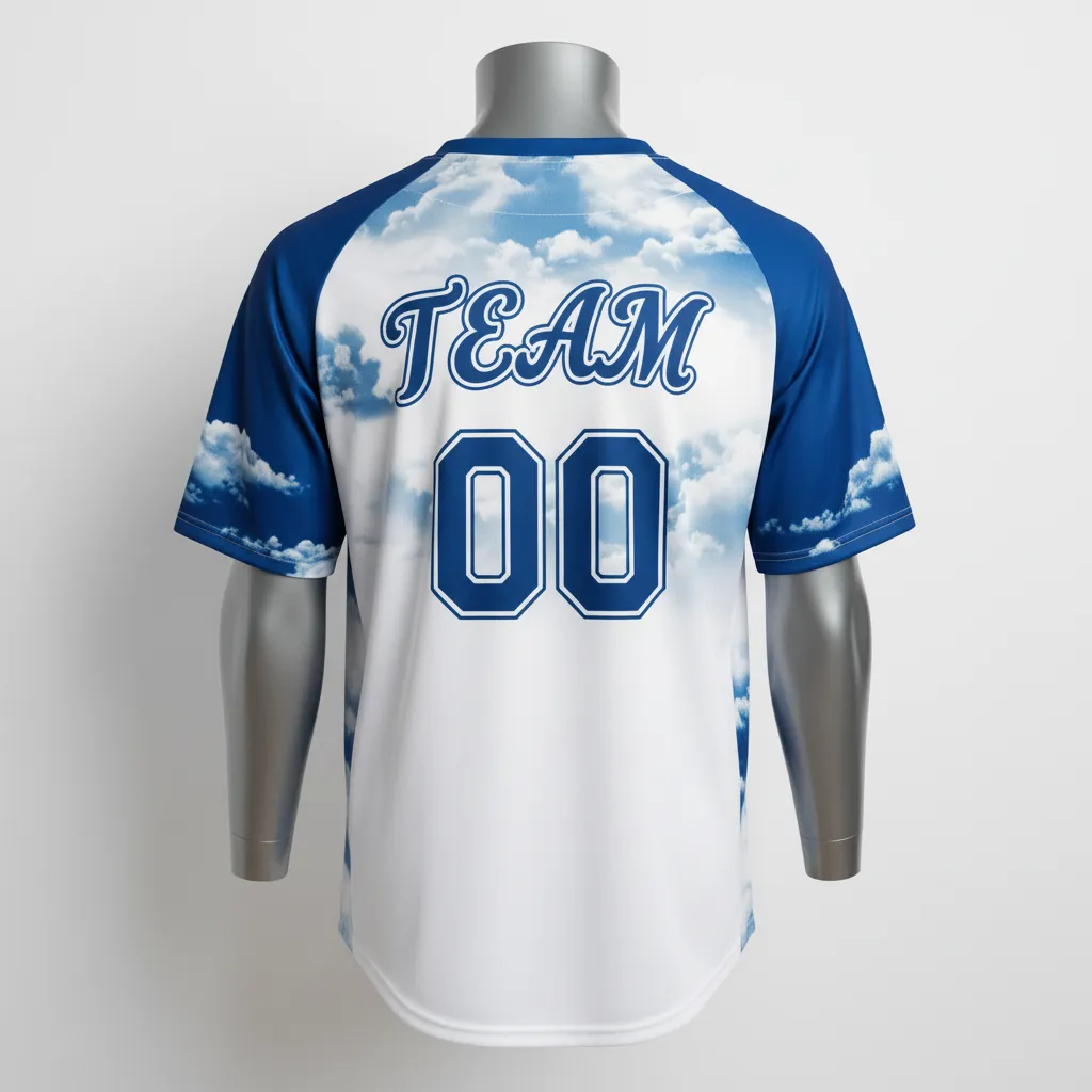Custom Baseball V Neck Baseball Jersey - White, White - V Neck Cerulean Sky Clouds Script - Back View - HAMCO Sports Inc.