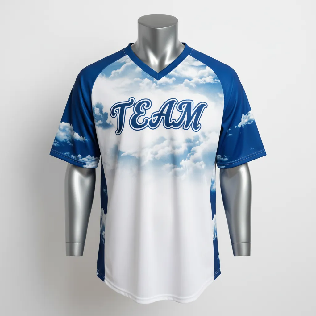 Custom Baseball V Neck Baseball Jersey - White, White - V Neck Cerulean Sky Clouds Script - Front View - HAMCO Sports Inc.