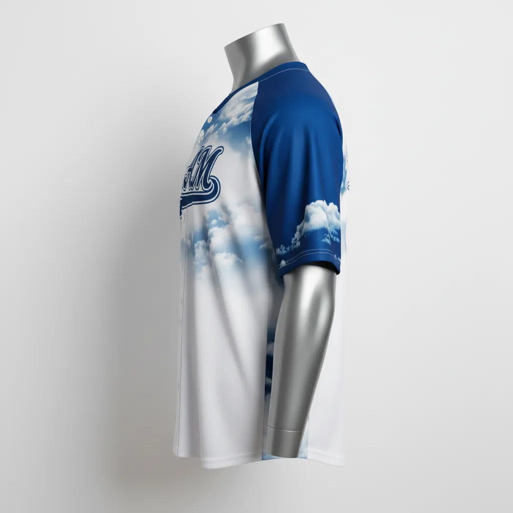 Custom Baseball V Neck Baseball Jersey - White, White - V Neck Cerulean Sky Clouds Script - Side View - HAMCO Sports Inc.